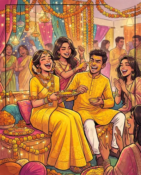 A comic of a laughing couple at their gaye holud, surrounded by cousins and marigolds