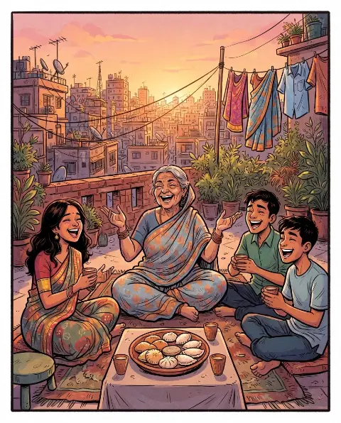 A comic of a grandmother telling stories to her family on a Dhaka rooftop at dusk