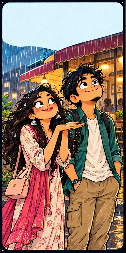 Two friends waiting outside a café as rain starts