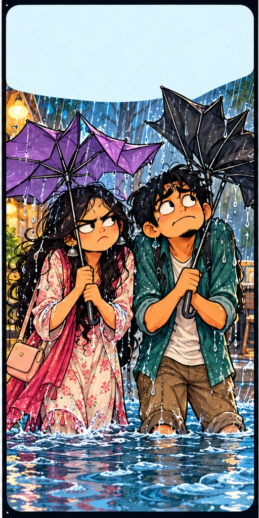 The same friends soaked under broken umbrellas