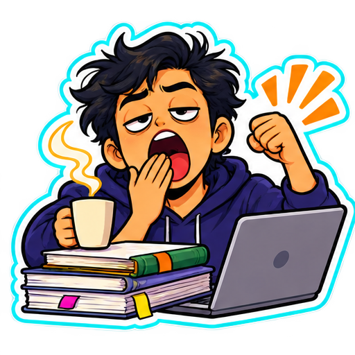 A cartoon sticker of a sleepy student yawning over books